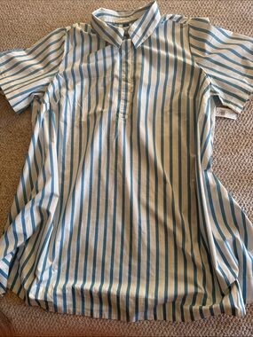 Old Navy Blue and White Vertical Stripe Short-Sleeve Button-Down